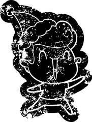 cartoon distressed icon of a excited man wearing santa hat