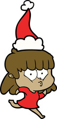 line drawing of a whistling girl wearing santa hat