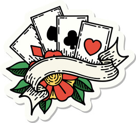 tattoo style sticker of cards and banner