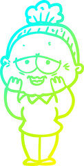 cold gradient line drawing cartoon happy old lady
