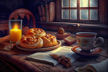 Sweet cinnamon buns, coffee with milk and a book, traditional swedish kanelbullar buns. Generative AI. - obrazy, fototapety, plakaty