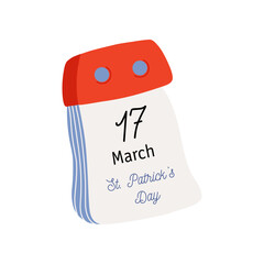 Tear-off calendar. Calendar page with St. Patrick's Day date. March 17. Flat style hand drawn vector icon.
