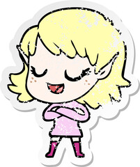 distressed sticker of a happy cartoon elf girl