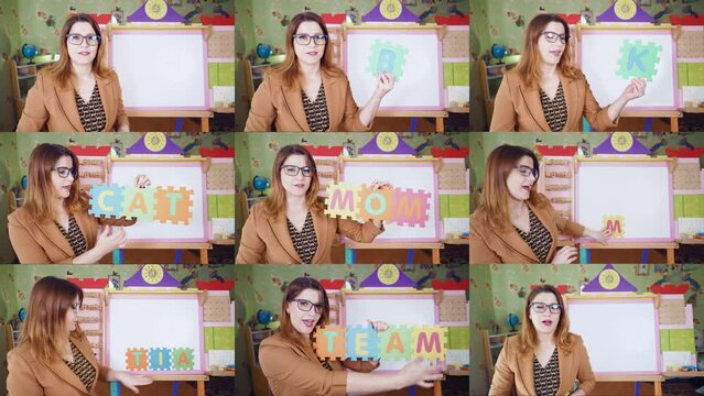 Collage Distance Learning. Online Lesson Homeschooling. Education Video Conference. Teacher Teaches Children. Freelance Work Digitalization Computer Device. Split Screen Montage	
