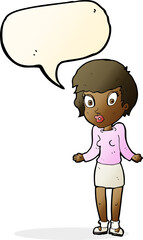 cartoon woman shrugging shoulders with speech bubble