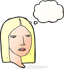 cartoon serious woman with thought bubble