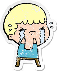 distressed sticker of a cartoon man crying