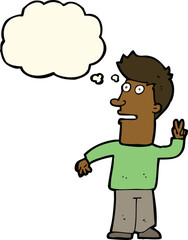 cartoon man making peace sign with thought bubble
