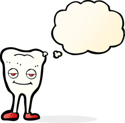 cartoon happy tooth with thought bubble