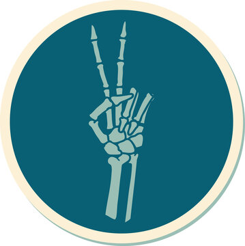 tattoo style sticker of a skeleton hand giving a peace sign