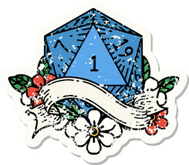 natural one d20 dice roll grunge sticker