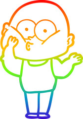 rainbow gradient line drawing cartoon bald man staring