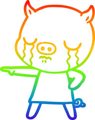 rainbow gradient line drawing cartoon pig crying pointing