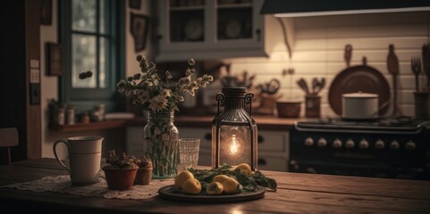 Fototapeta na wymiar Rustic Vintage Kitchen with Warm Light, generative ai
