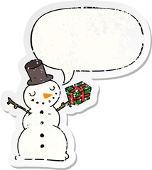 cartoon snowman and speech bubble distressed sticker