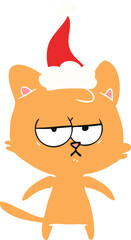 bored flat color illustration of a cat wearing santa hat