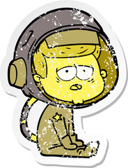 distressed sticker of a cartoon tired astronaut
