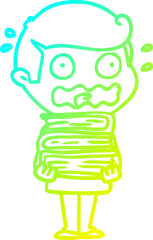 cold gradient line drawing cartoon man with books totally stressed out