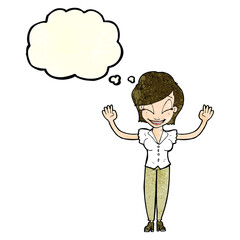 cartoon pretty woman with hands in air with thought bubble