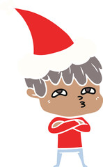flat color illustration of a curious man wearing santa hat