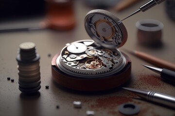 Watchmaker's workshop. Disassembled clockwork. Photorealistic shot generated by AI.
