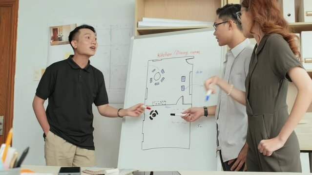 Team of young Asian architects drawing floor plan of flipchart and discussing it while cooperating in office