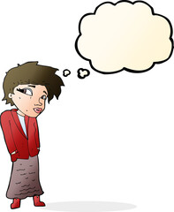 cartoon woman with hands in pockets with thought bubble