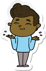 sticker of a happy cartoon man shrugging