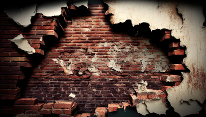 a broken brick wall, decayed