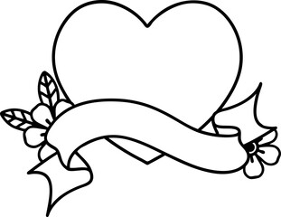 black linework tattoo with banner of a heart