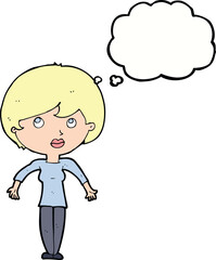 cartoon woman shrugging shoulders with thought bubble