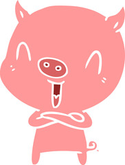 happy flat color style cartoon pig