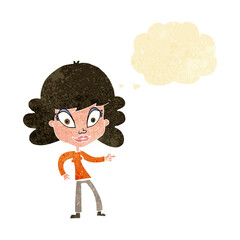 cartoon woman pointing with thought bubble