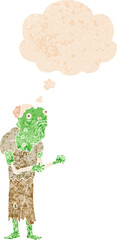 cartoon zombie and thought bubble in retro textured style