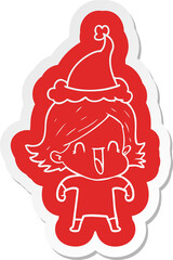 cartoon  sticker of a happy woman wearing santa hat