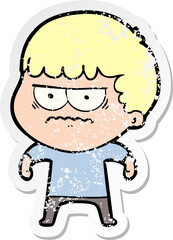 distressed sticker of a cartoon annoyed man