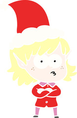 flat color illustration of a elf girl staring wearing santa hat