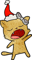 textured cartoon of a singing cat wearing santa hat