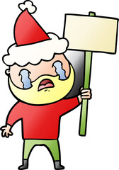 gradient cartoon of a bearded protester crying wearing santa hat
