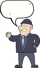 cartoon sensible business man in bowler hat with speech bubble