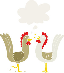 cartoon chickens and thought bubble in retro style