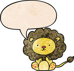 cute cartoon lion and speech bubble in retro texture style