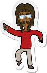 sticker of a cartoon hippie man wearing glasses
