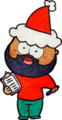 textured cartoon of a bearded man with clipboard and pen wearing santa hat