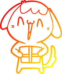 warm gradient line drawing cute cartoon dog with christmas present