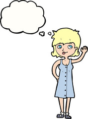 cartoon pretty woman waving with thought bubble