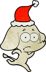 textured cartoon of a unsure elephant running away wearing santa hat