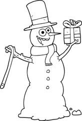 black and white cartoon snowman holding present