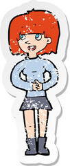 retro distressed sticker of a cartoon friendly woman
