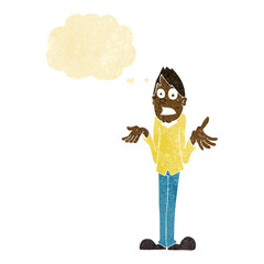 cartoon man shrugging shoulders with thought bubble